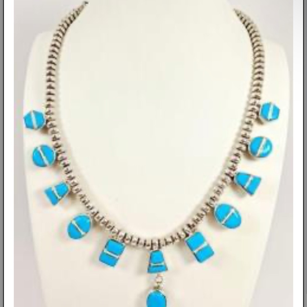 christin Wolf signed reversible sterling turquoise onyx inlay necklace 59.89 g